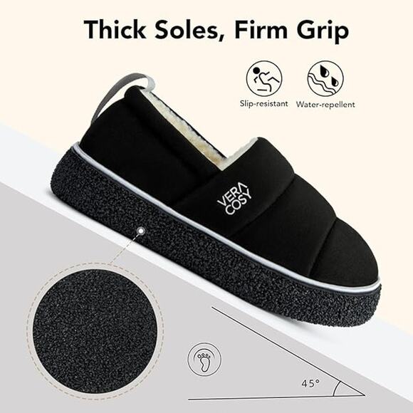 VeraCosy Black Memory Foam Indoor Outdoor Slippers Women's Size 9-10 - Picture 2 of 5